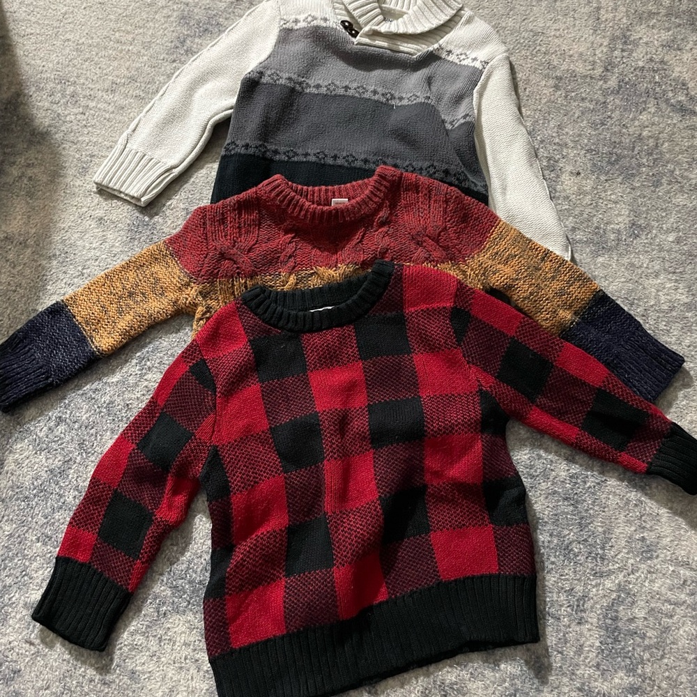 Set of Three Cozy Sweaters - Red, Gray, Multicolor size 12m/18m/2T